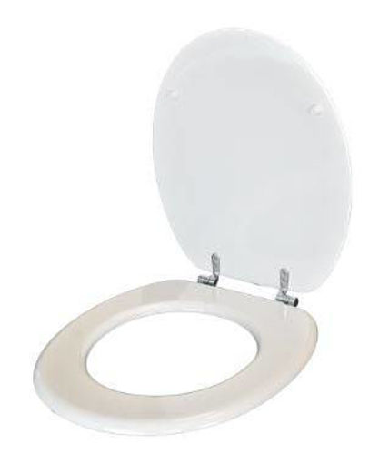Imagen de TAPA INODORO UNIVERSAL REDONDA BLANCA HERRAJE PLASTICO DMC